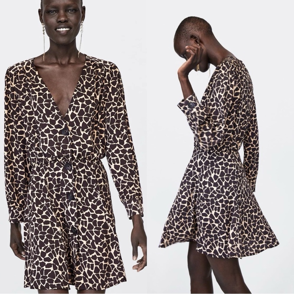 Zara Animal Print Giraffe Mini Button Dress Size M